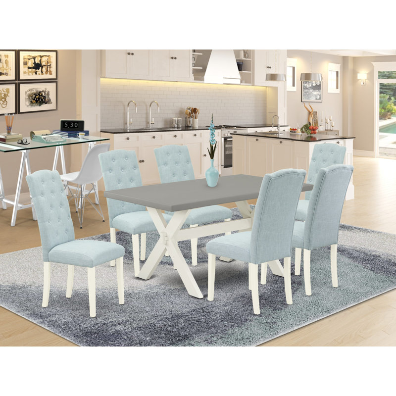 7 Piece Dining Table Set Consist of a Rectangle Dining Room Table with X-Legs and 6 Baby Blue Linen Fabric Upholstered Chairs, wire brushed linen white 