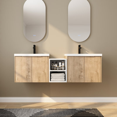 60" Luxury Double Vanity Combo with Ceramic Sinks - 2×24" Vanities + 12" Storage Cabinet | Spacious Bathroom Storage Solution