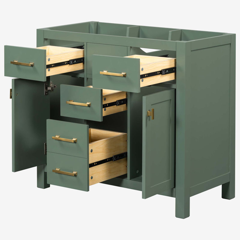 36" Green Solid Wood Bathroom Vanity Cabinet with Gold Hardware