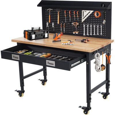 124cm W Solid + Manufactured Wood Top Height-Adjustable Workbench with Wheels
