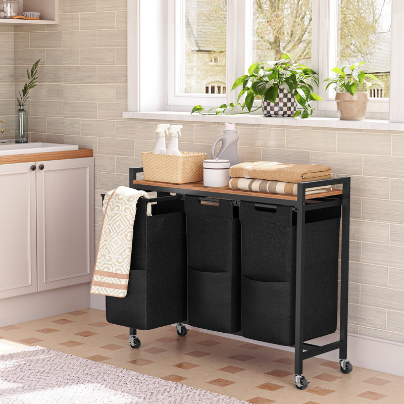 Wood Rolling Laundry Basket with Handles, Black/Rustic Brown