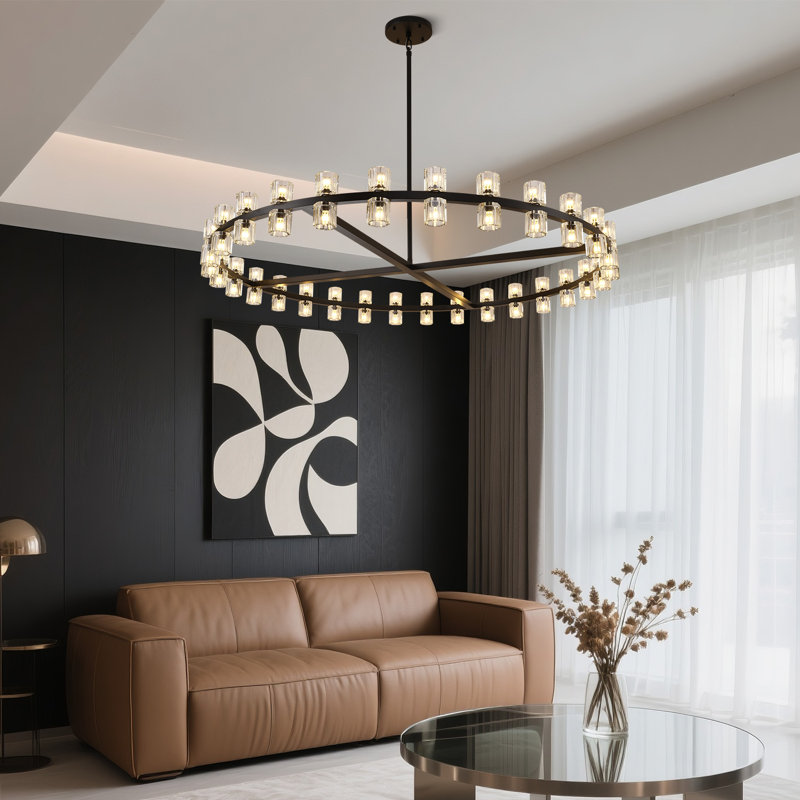 36"/48"/60" Dimmable Round Crystal Cup Large Chandelier, Matte Black, 103" H x 60" W x 60" D