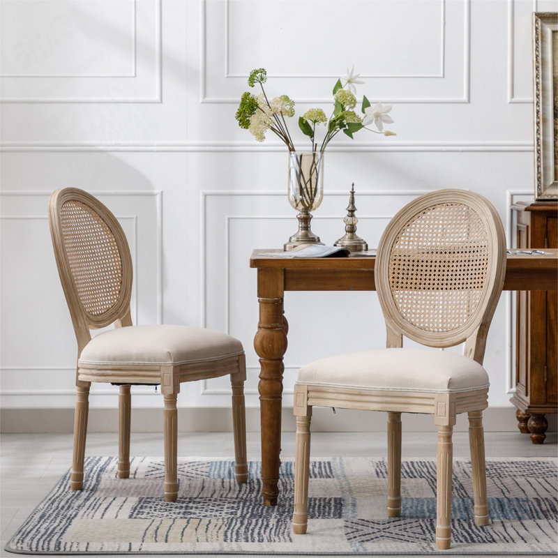Jonsson French Style Solid Wood Frame Linen Fabric Rattan Back Dining Chair,Side Chairs,Kitchen Chairs,Upholstered dining room chair,dinning chair,kitchen chair