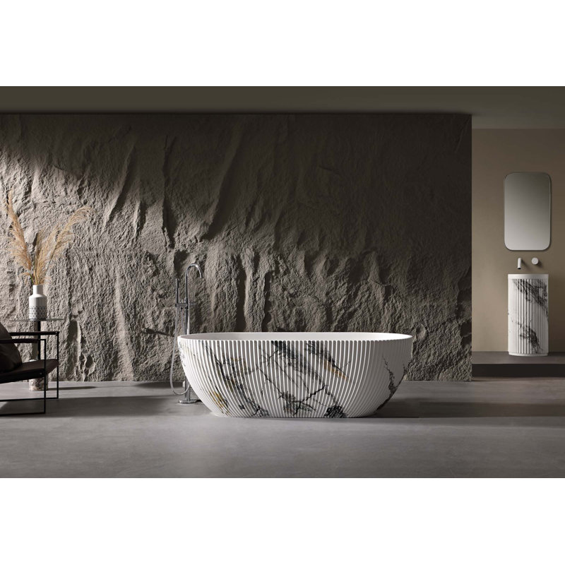 67" Freestanding Fluted Solid Surface Bathtub with Ink Marble Finish, Ergonomic Soaking Tub with Vertical Groove Design