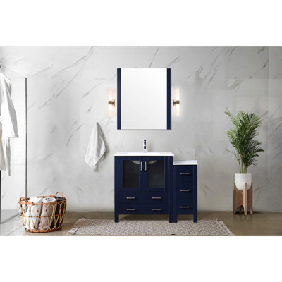 42 In. W Navy Blue Bathroom Vanity With Side Cabinet, White Ceramic Surface, 28 Aligned Mirror, Soft - Close Drawer Mechanism, And Ample Storage In Design Wide Bath Top, Necessary A Stain Counter