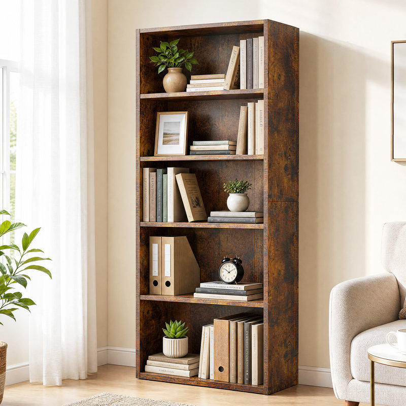 53'' H Rectangular Freestanding Adjustable and Anti-tip Rustic 5-Tier Bookcase, Rustic Brown