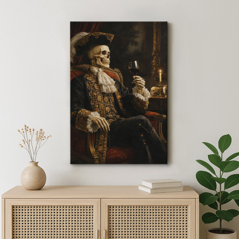 Squelette aristocrate avec verre à vin, scène gothique foncée, reproduction d'art sur toile, Toile tendue, H 18 po x l 12 po