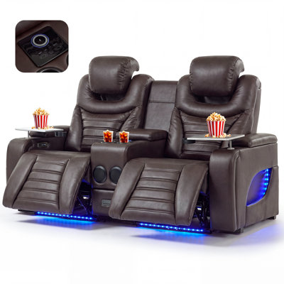 Power Loveseat Recliner with Console, Reclining Loveseat Sofa with Adjustable Headrest & Bluetooth Speakers & Tray & Hidden Storage & LED Lights