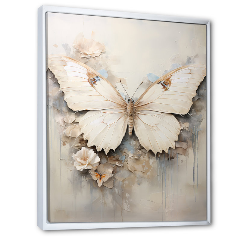 Minimalisme, papillon beige - art mural papillon, H 20 po x l 12 po x P 1 po, Cadre flottant blanc