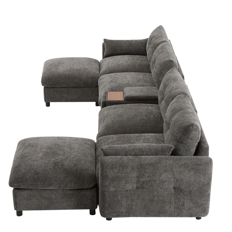 Modular Sectional Sofa with Movable Storage Ottoman and Console, Grey Chenille
