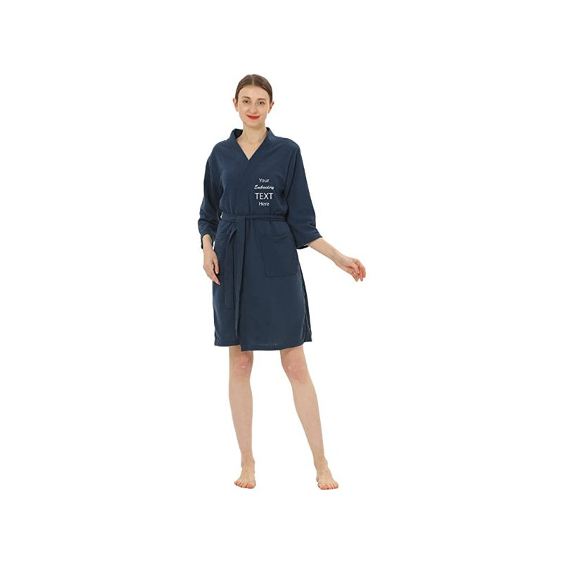 Peignoir en microfibre gaufré unisexe au-dessus du genou avec poches, TG, Oui, Bleu marine