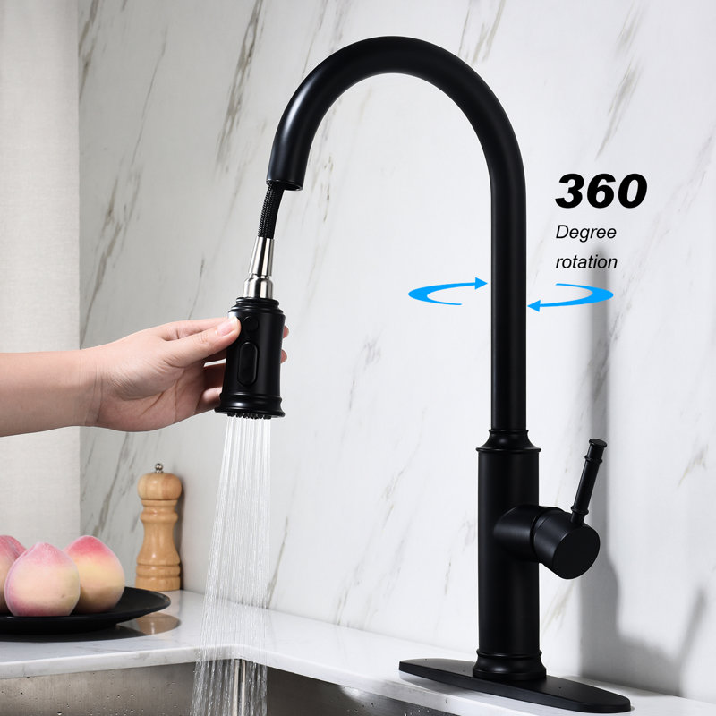 Robinet de cuisine noir mat avec douchette amovible, finition en acier inoxydable, profondeur de 12,2 po, largeur de 25,6 po, hauteur de 2,6 po, poids de 5,8 lb,