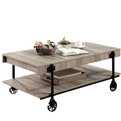 1Pc Industrial Coffee Table Featuring Open Bottom Shelf, Replicated Wood Aesthetic Property, Wheel - Shaped Leg Support Arrangement, Slat Design Elements, Natural And Black Appearance, 24.89In Wide