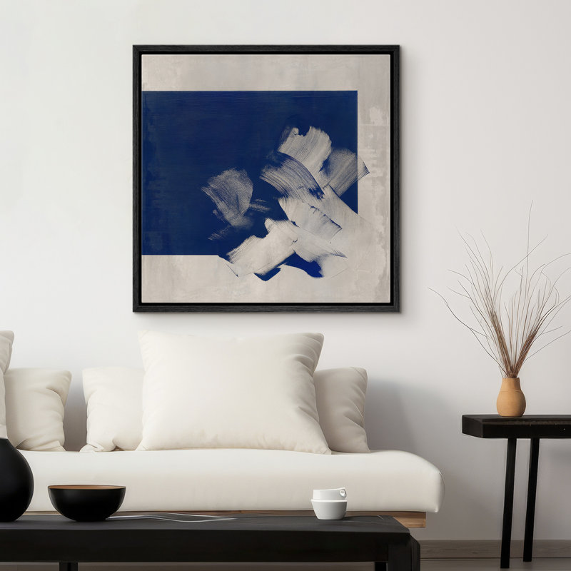 Bold Blue Brushstroke Modern Minimalist Abstract Framed Canvas Master Bedroom Wall Art Work Print, 16" H x 16" W x 1.5" D