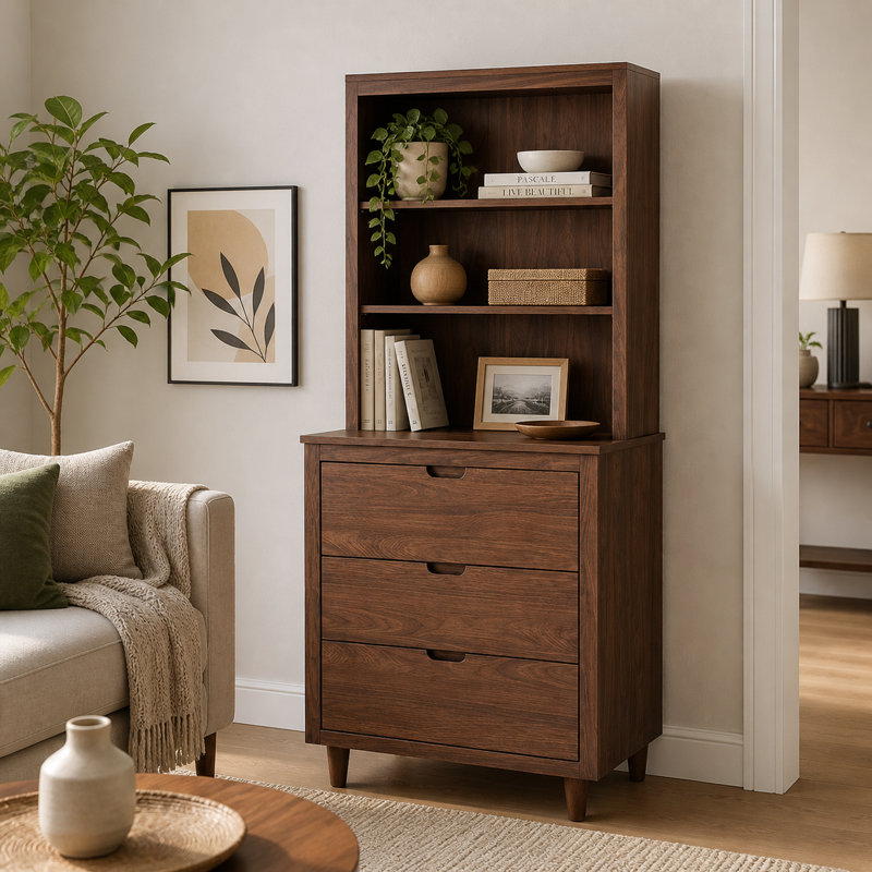 Buffet autoportant avec tiroirs et tablettes ouvertes, commode de rangement en noyer, buffet moderne pour la salle à manger, la cuisine, le vestibule