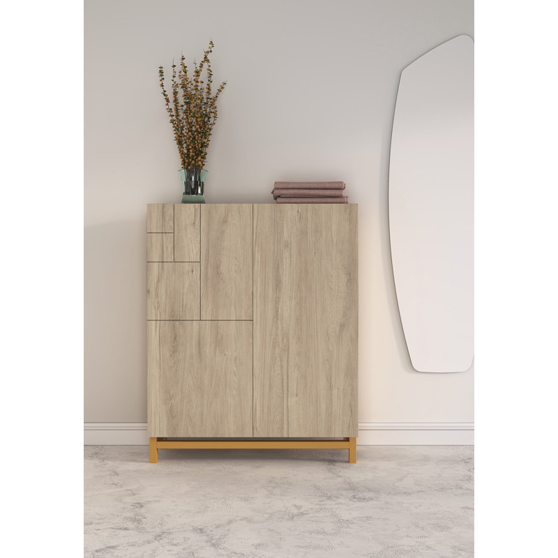 18 Pair Shoe Storage Cabinet, Light Oak/Mustard