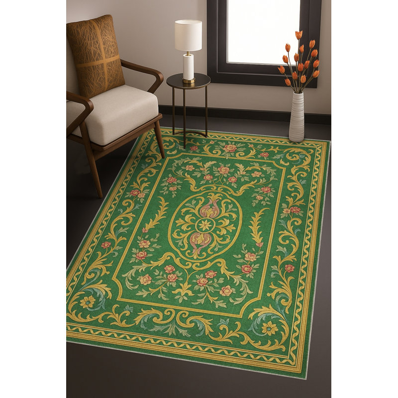 Tapis vert tissé à motif floral lavable Mosso, 3'3" x 4'11"