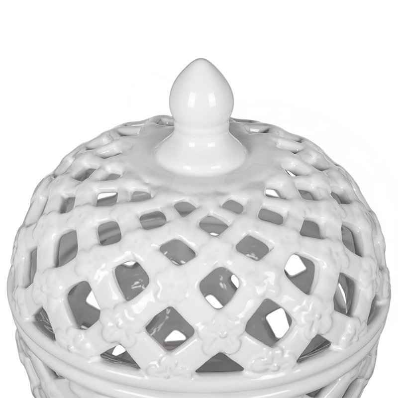 D8x9.5" White Ceramic Lidded Jar With Lattice Design