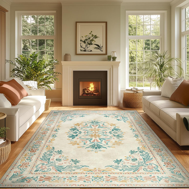 Vintage Floral Distressed Design Non-Slip Low-Pile Soft Thin Faux Wool Area Rug