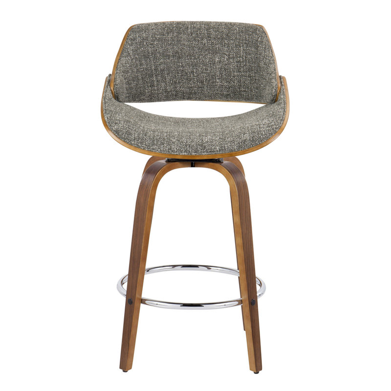 Linnetta 26" Mid-Century Modern Fixed-Height Counter Stool With Swivel In Walnut Wood And Noise Grey Fabric With Round Chrome Metal Footrest- Set Of 2