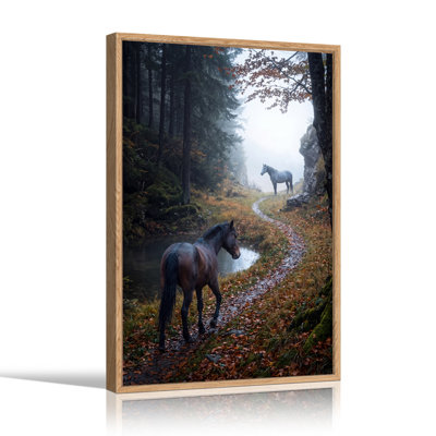 «Brown and White Horses on Misty Trail Near Stream», art mural