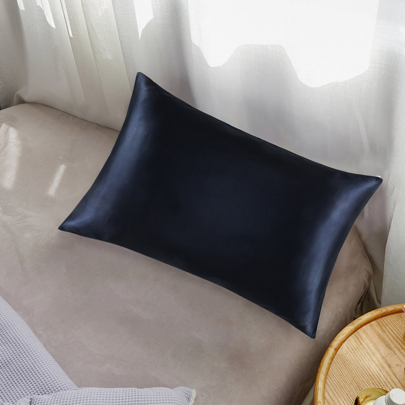 Zippered Natural Silk Pillowcase, Navy Blue, King Pillowcase