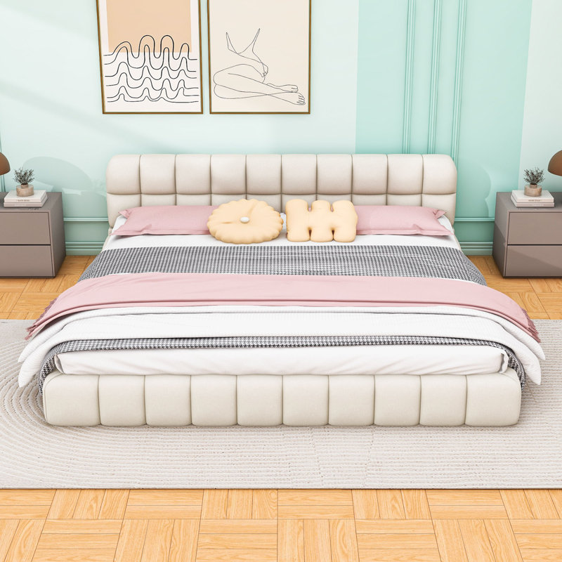 Très grand lit plateforme tapissier avec design élégant et tête de lit, Beige