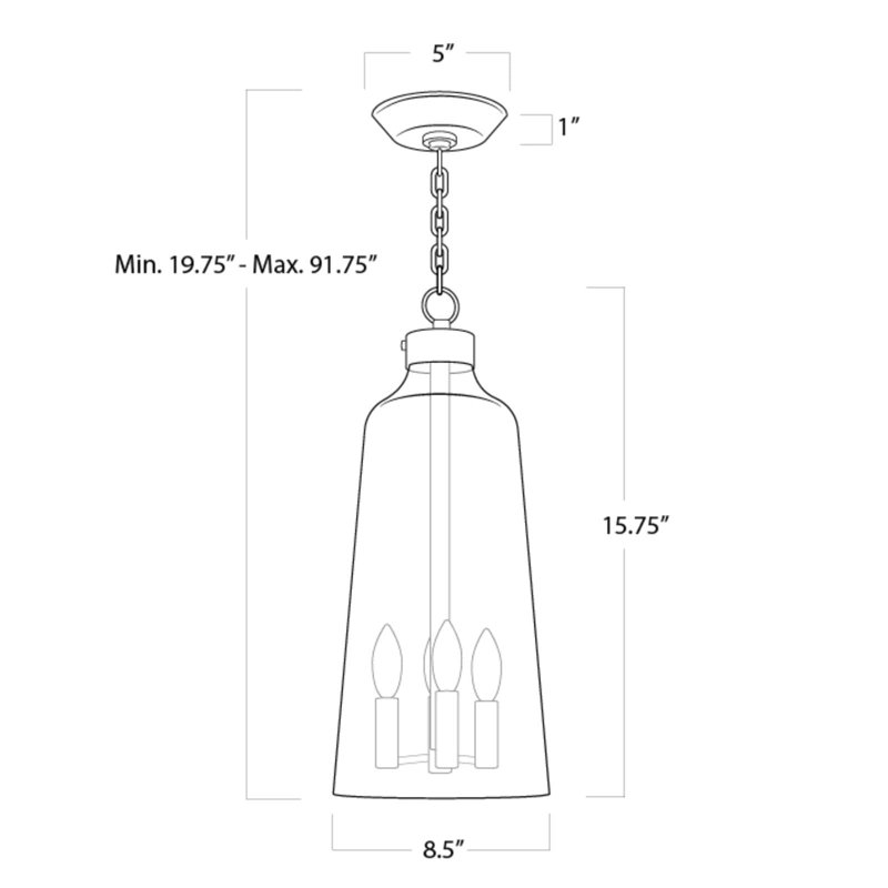 Regina Andrew Wythe Glass Pendant; Dimensions 8.5W X 19.75H X 8.5D; Uses Three Maximum 60 Watt E12 Base Bulbs (Not Included)
