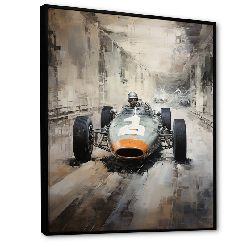 Gris, voiture de course rétro I - art mural, Cadre flottant noir, H 40 po x l 30 po x P 1,5 po