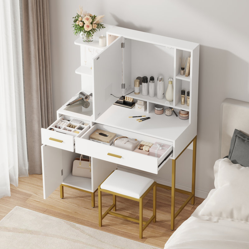 Bureau de coiffeuse moderne avec miroir lumineux à DEL - 3 modes d'éclairage réglables, 2 tiroirs, armoire, tablettes ouvertes, station de charge, tabouret rembourré - Coiffeuse idéale pour la chambre à coucher, blanc