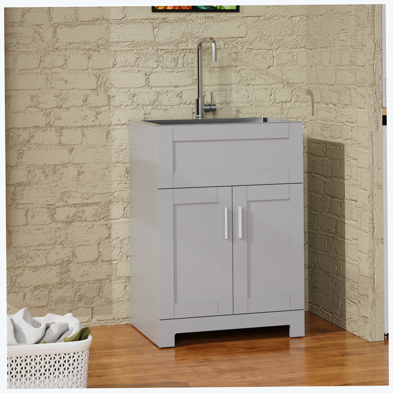 Armoire de buanderie 24 po avec lavabo en acier inoxydable, gris