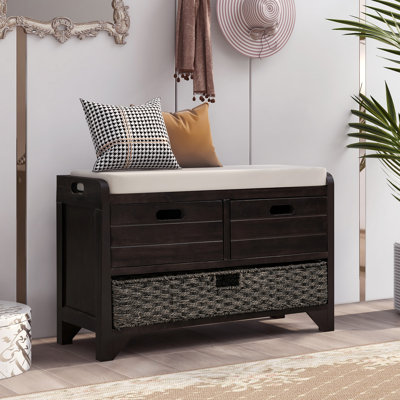 Banc de rangement avec panier amovible et 2 tiroirs, banc à chaussures entièrement assemblé avec coussin amovible