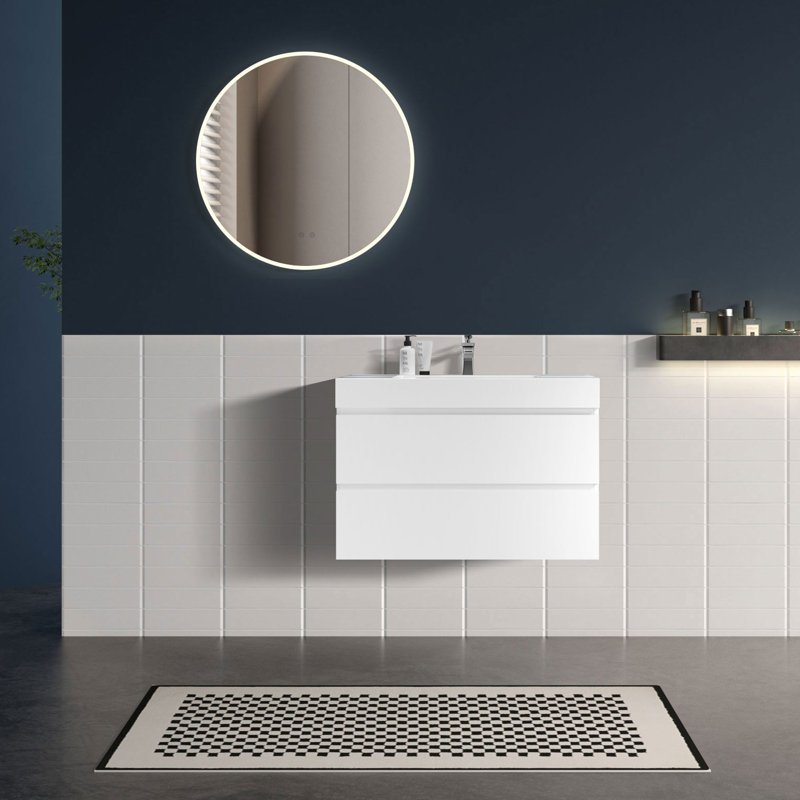 Meuble-lavabo simple 36 po avec surface solide et trop-plein, 36 po, pré-assemblé, Blanc lustré, 36", Blanc