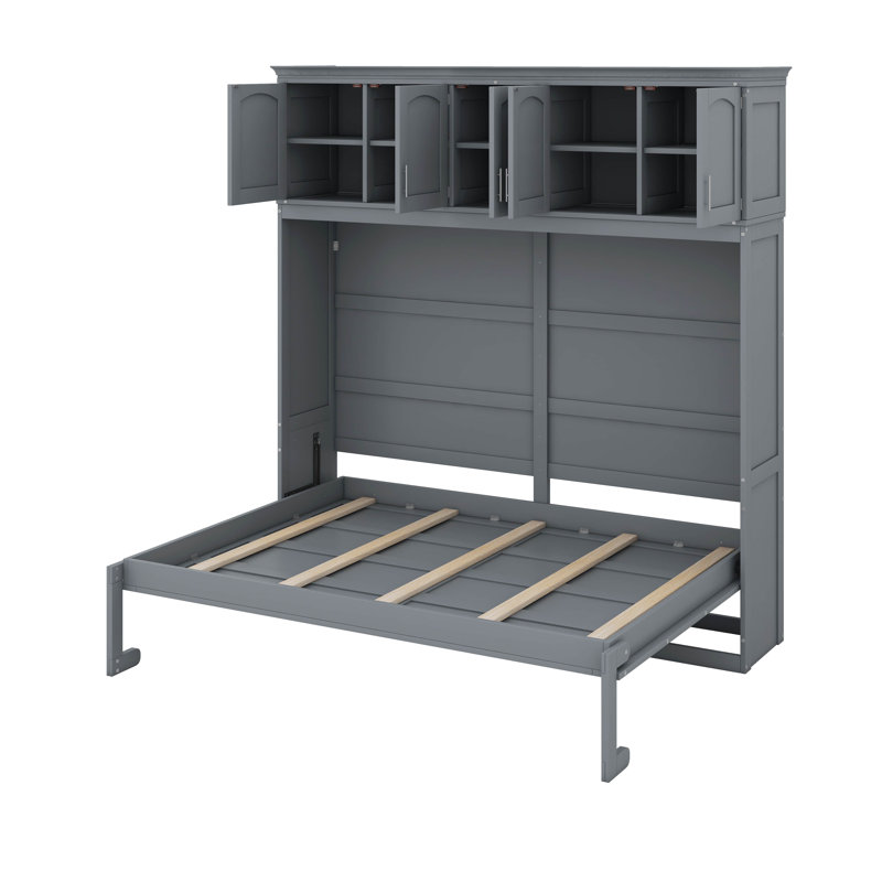 Grand lit escamotable avec armoires supérieures, Gris