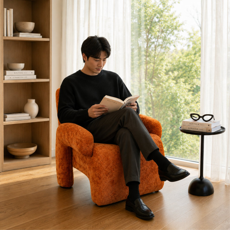 Fauteuil d'appoint vert foncé, Velours orange