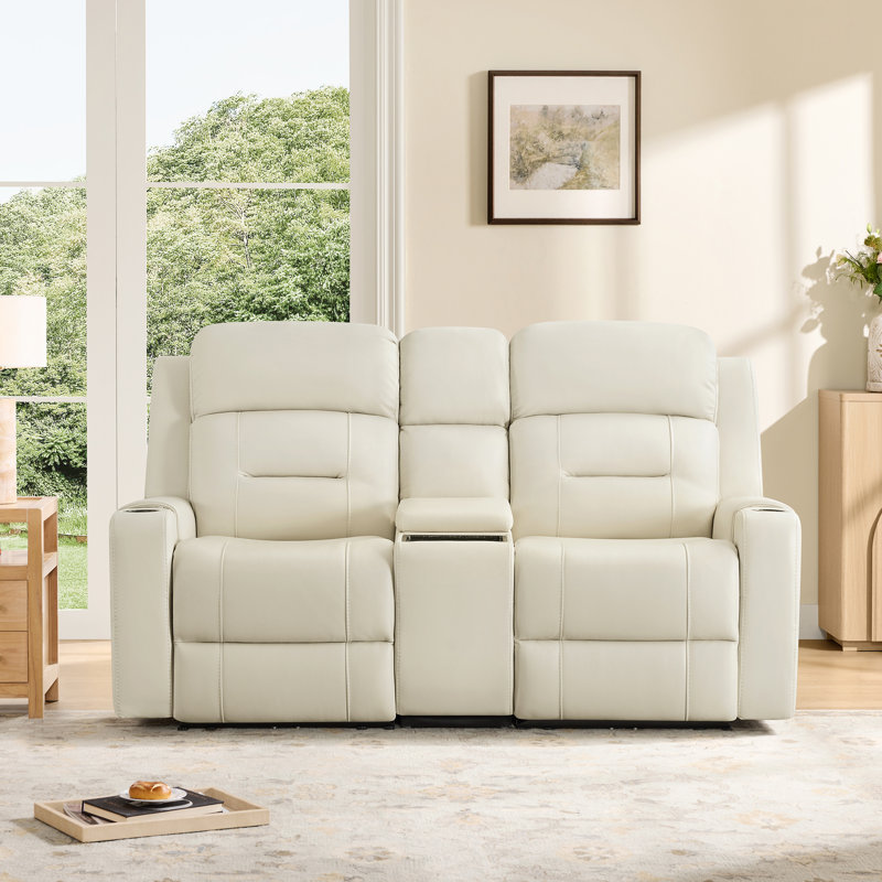 Olathe Genuine Leather Dual Motor Power Reclining Lay Flat Sofa With Power Headrest, Cream