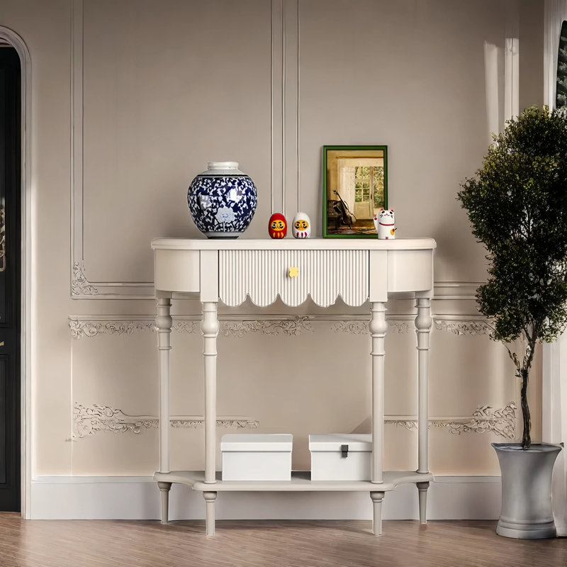 Solid Wood Semi-Circle Entryway Console Cabinet, Cream, 33.5" H x 35.4" W x 11.8" D