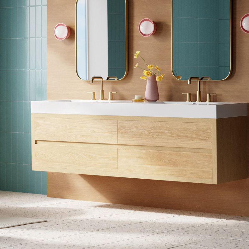Ensemble de meuble-lavabo double mural 72 po Vali, Finition chêne nord-américain / plateau blanc 