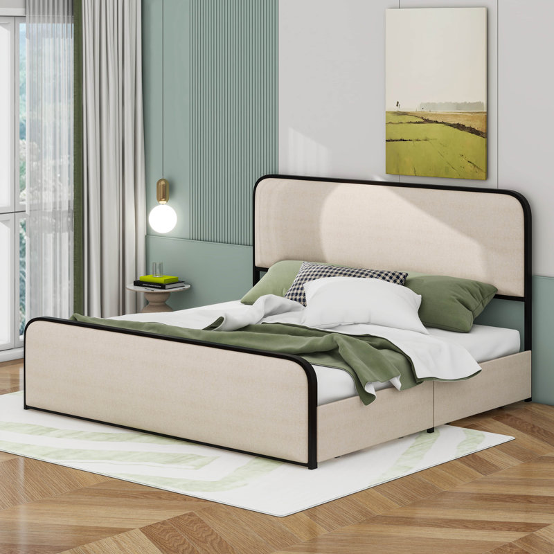 Structure de lit avec tête et pied de lit rembourrés en tissu courbé, lit moderne avec 4 tiroirs de rangement, Très grand
