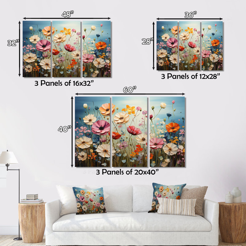 Fleurs abstraites de fleurs sauvages dansantes sur toile, 3 pièces, H 28 po x l 36 po x P 1 po