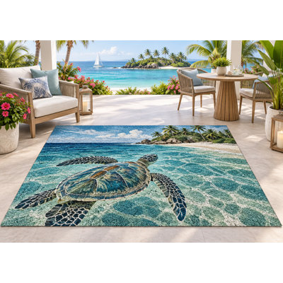 5' x 7' Outdoor Area Rug Sea Turtle Tropical Ocean Heavyweight Solid Waterproof PVC Coil Loop Carpet, Heavy Duty Patio Rug, Quick Dry Indoor Outdoor Mat for Porch Deck Balcony RV Camping