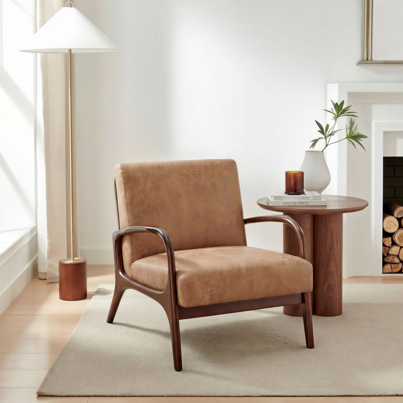 Esma Retro Accent Armchair with Plywood Legs  - Mid Century Modern, Tan Faux Leather
