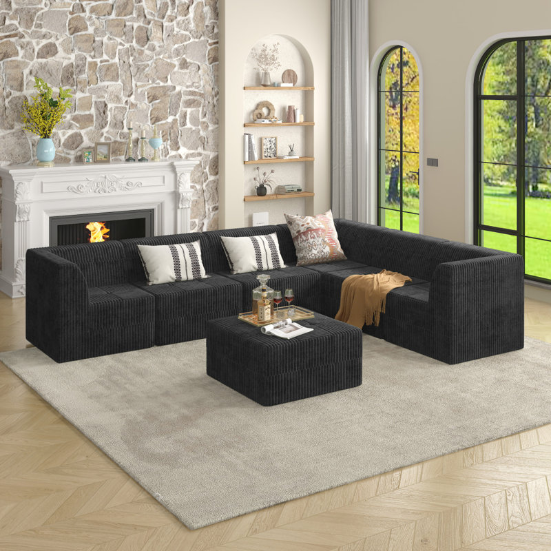 Canapé modulaire Boneless, Tissu noir, H 29,97 po x l 130,37 po x P 97,3 po