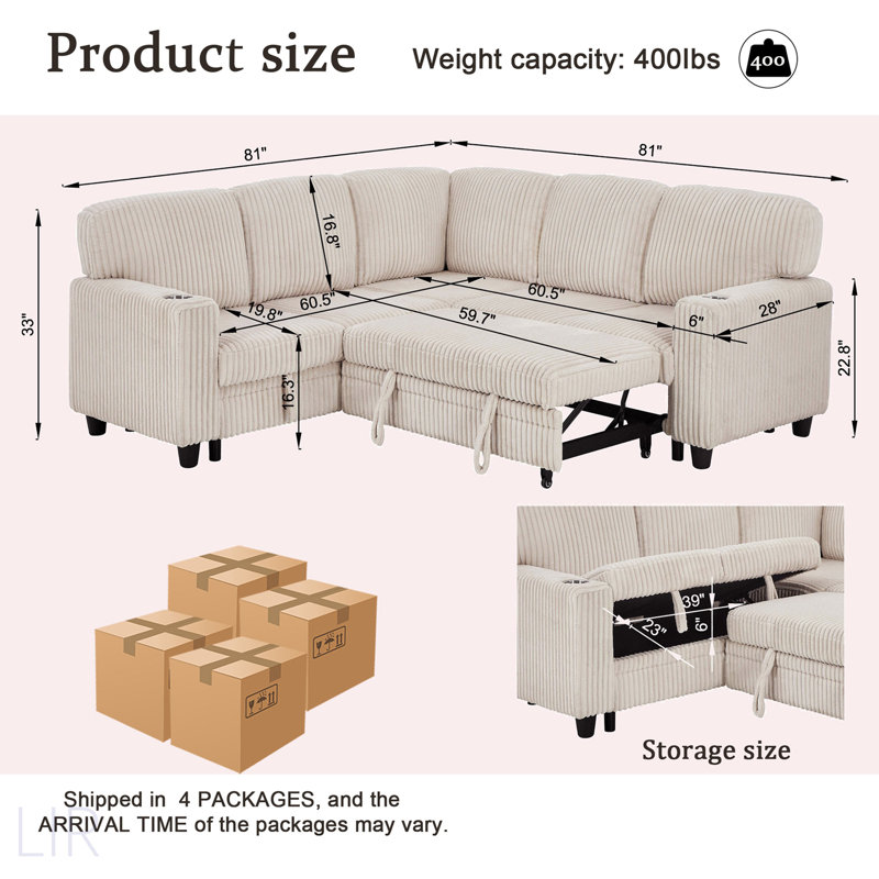 L-Shaped Sectional Sofa Bed With Pull-Out Bed & Storage, 5-Seat Sleeper Couch With USB Charging, Convertible Design For Living Room, Apartment, Corduroy Fabric