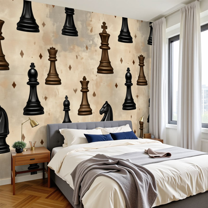 Papier peint auto-adhésif mural noir et blanc Chess, L 144 po x l 100 po