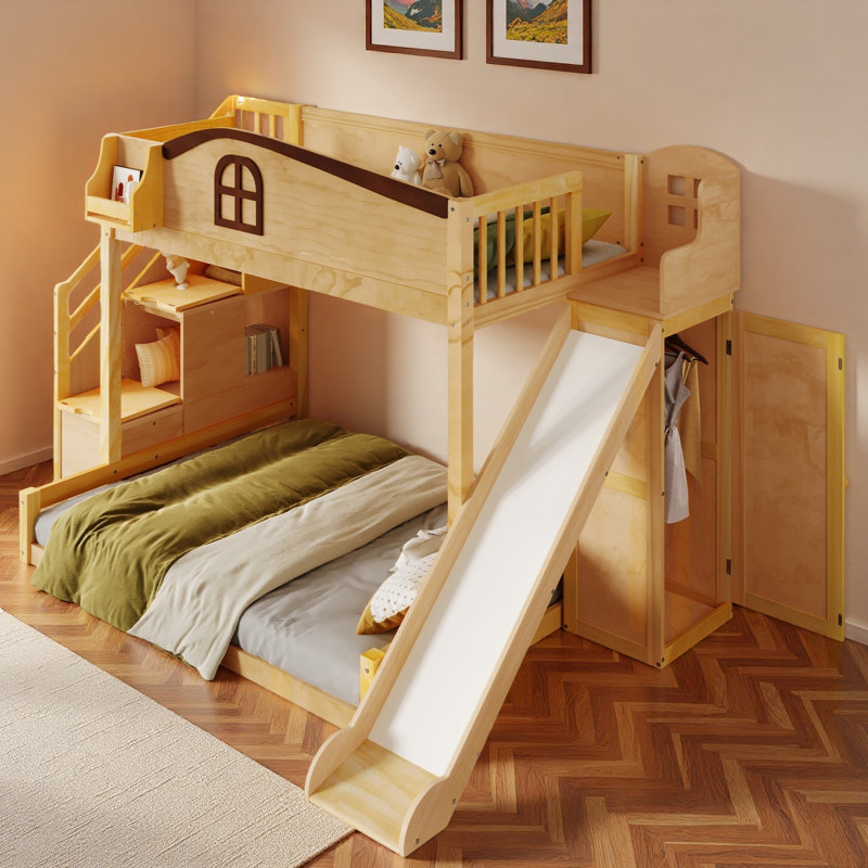 Lit superposé avec escalier de rangement, tablette, glissade et garde-robe, Naturel