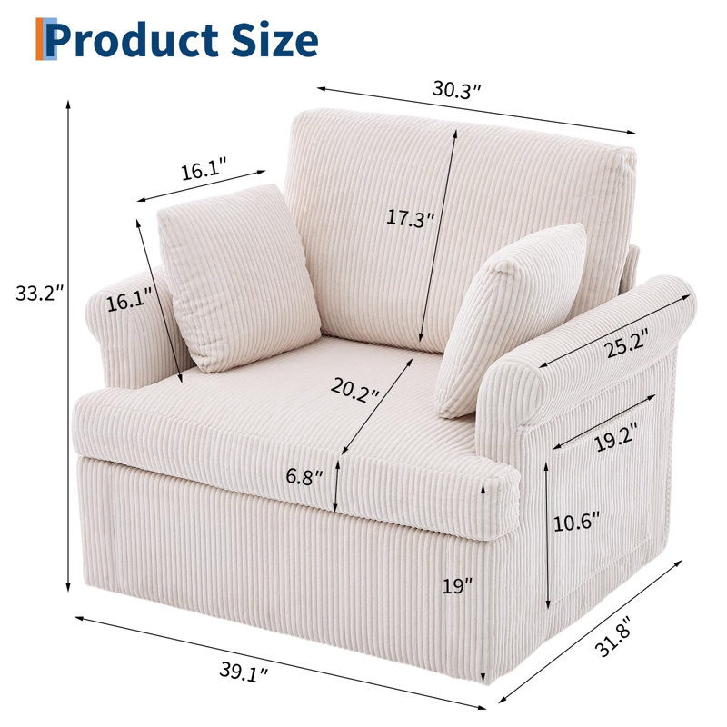 Fauteuil d'appoint pivotant moderne 39 po, grand fauteuil en velours côtelé avec 2 coussins, Beige