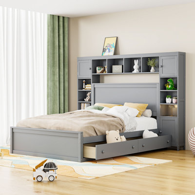 Queen Size Wooden Bed with All-in-One Cabinet, Shelf and Built-in Sockets - Timeless Elegance & Practical Storage