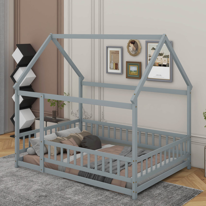 Lit en bois Asahn, Gris, Lit double