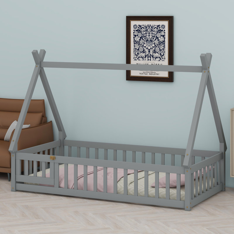 Tent-Inspired Floor Bed With Guardrails, Slats, And Playful Door Opening, Gray, Twin
